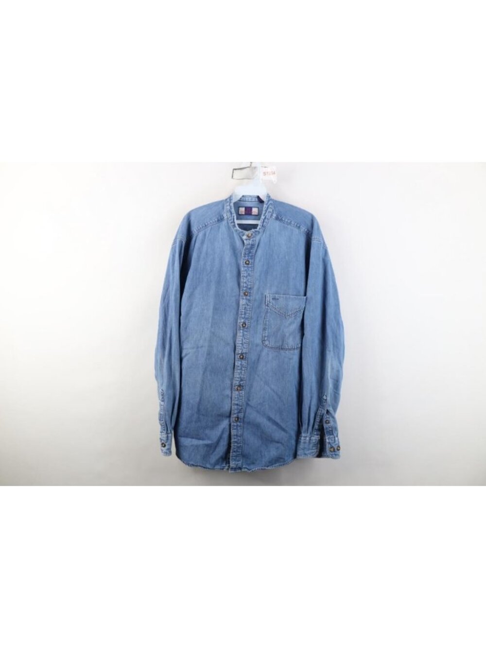Vintage 90s Streetwear Mens Large Faded Denim Jean Band Collar Button Shirt Blue